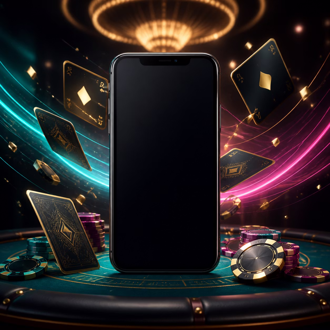 Modern smartphone with a blank casino browser screen and abstract neon light