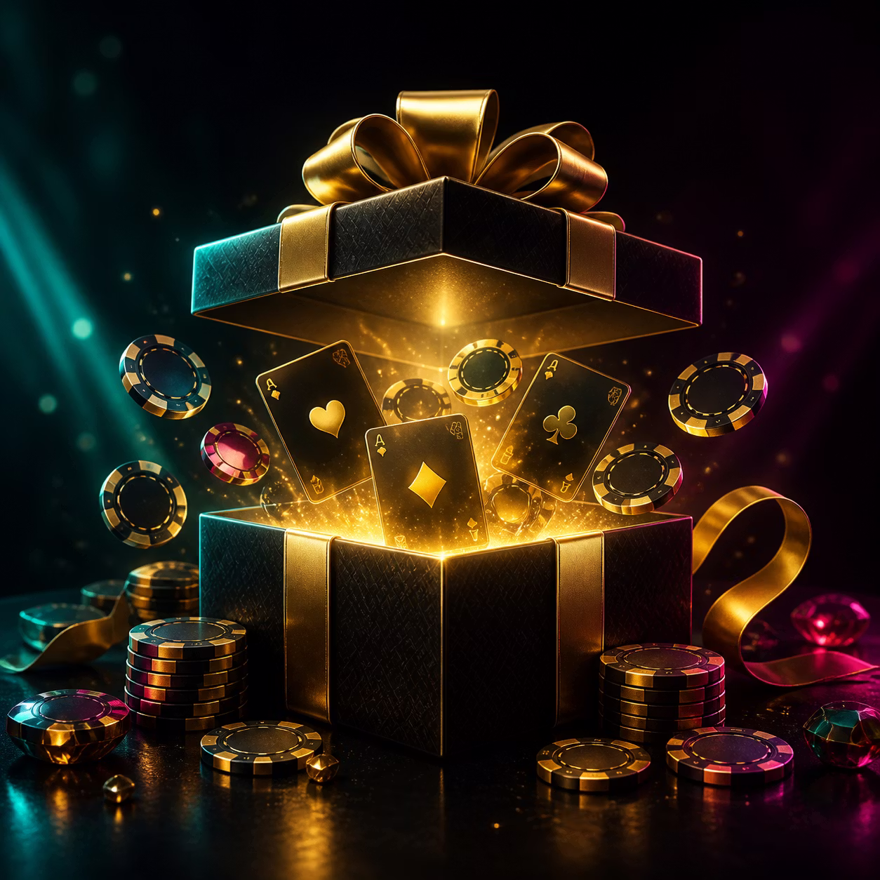Premium dark-gold casino gift box with cards and abstract bonus tokens